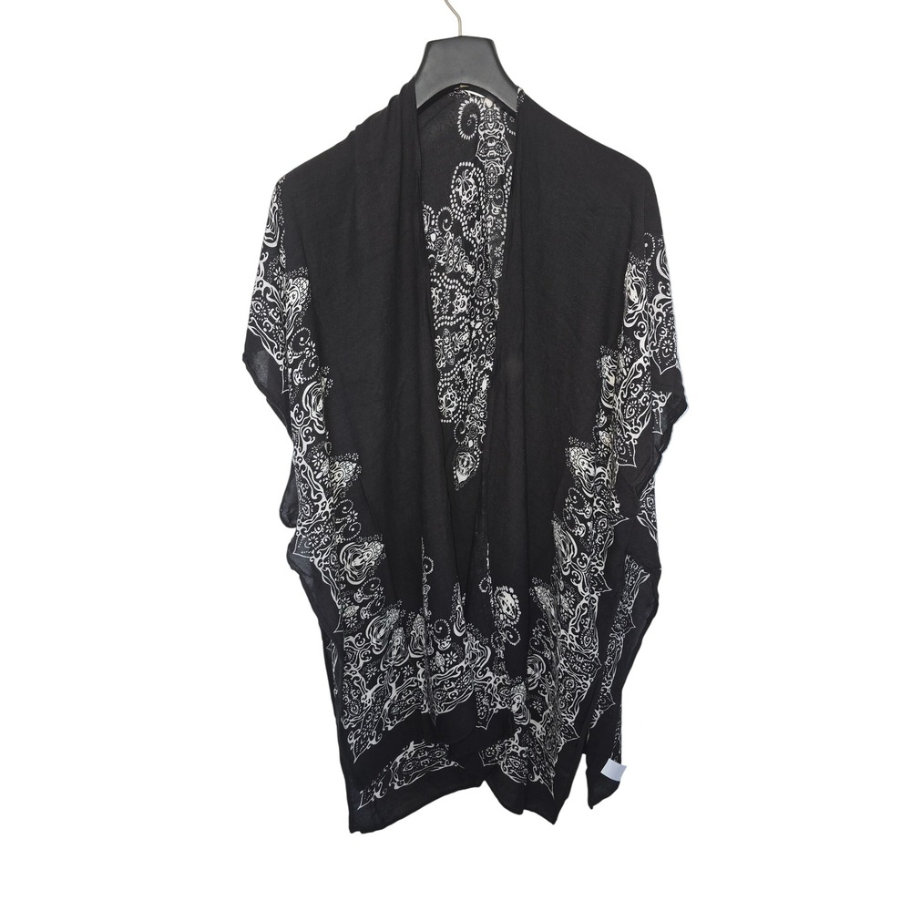 Black White Skull Medallion Print Kimono Wrap Open Front Cover Up Viscose One Sz